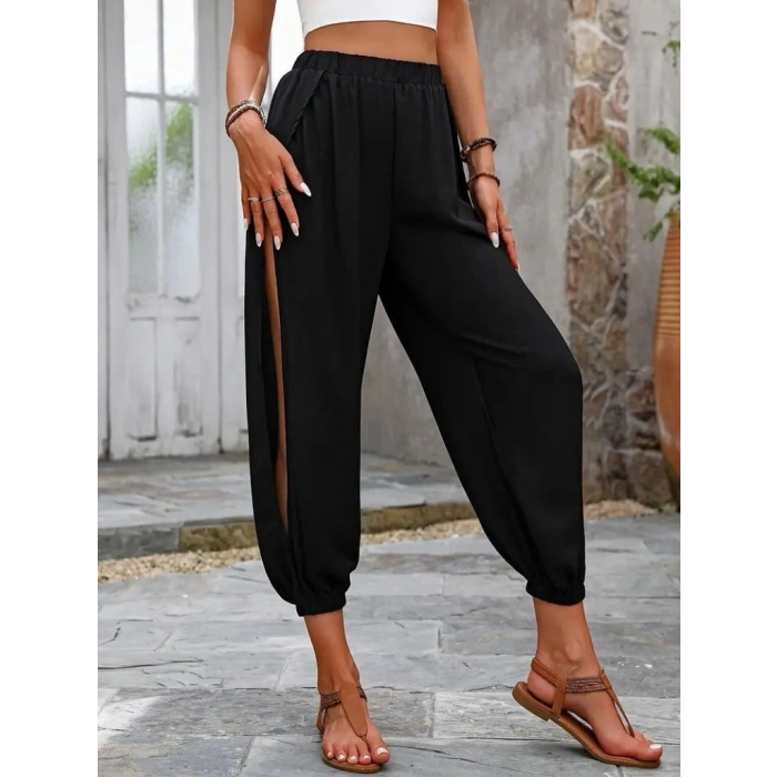 Kadın Yüksek Belli Yanlardan çapraz Detay Yırtmaçlı Viskon Pantolon