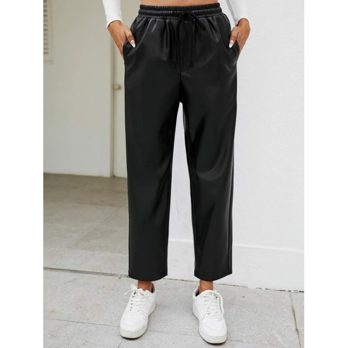 Kadın Yüksel Bel Bağcıklı Deri Pantolon