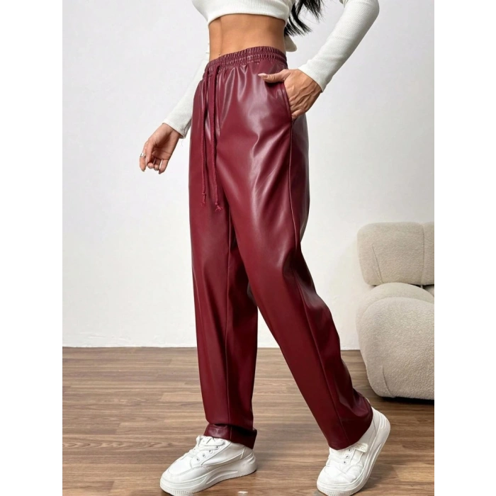 Kadın Yüksel Bel Bağcıklı Deri Pantolon