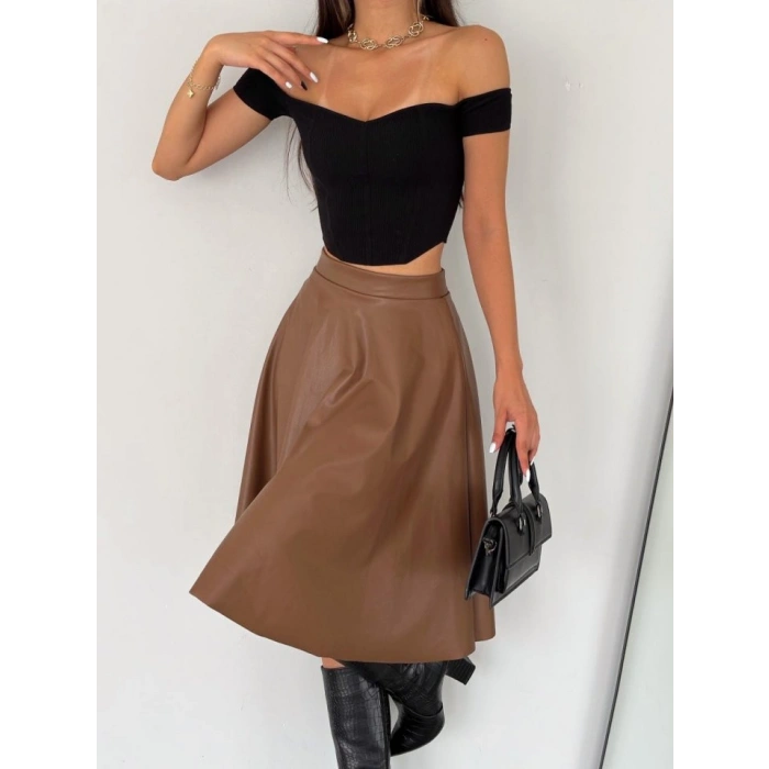 Kadın Yüksel Bel Deri Kloş Etek