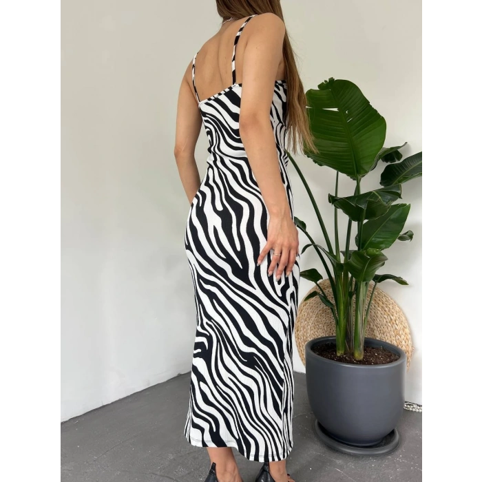 Kadın Zebra Baskılı Omuz Askılı Sırt Dekolteli Yırtmaç Detay Elbise