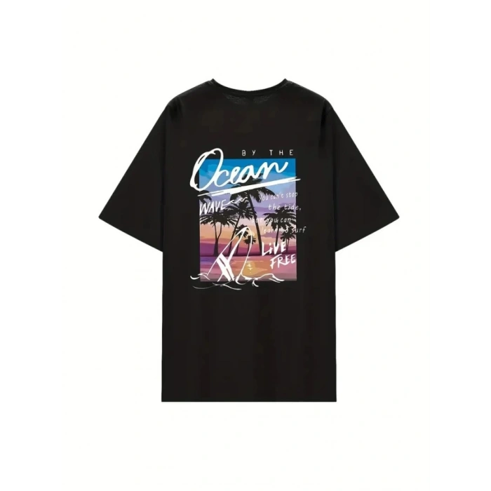 Kadınlar İçin Geniş Kesim Tişört - Kısa Kollu, Bol Kesim, Manzaralı Okyanus Baskı, Günlük Yazlık Üst, Siyah- Siyah