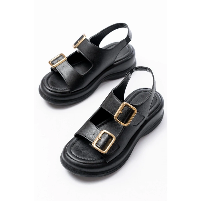 Kaji Siyah Cilt Çift Tokalı Sandalet