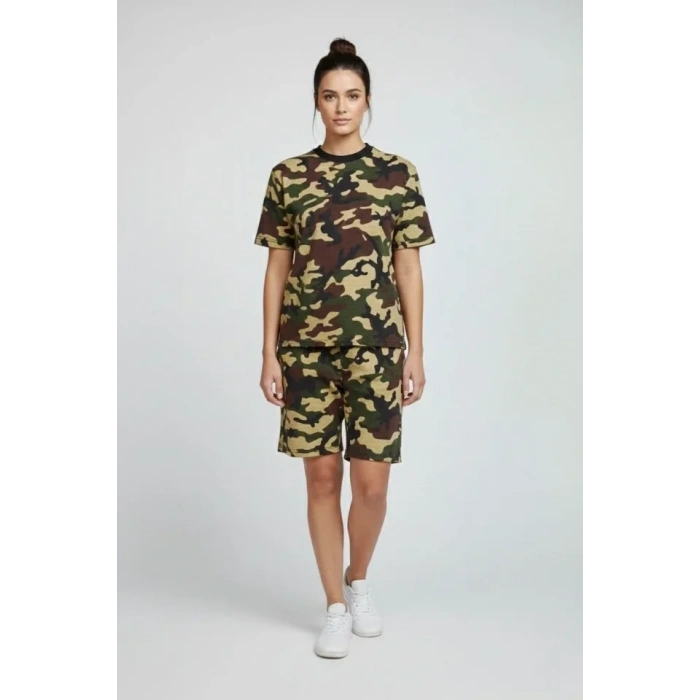 Kamuflaj Desenli Tişört Şort Takım – Günlük Rahat Kesim Yazlık 2’li Kombin - Kamuflaj