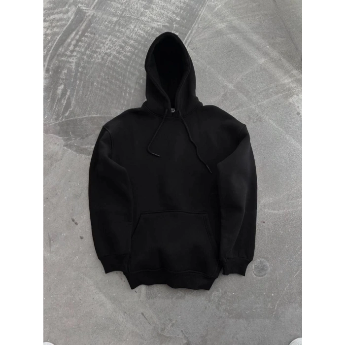 Kapşonlu Üç İplik Penye Basic SweatShirt - Siyah