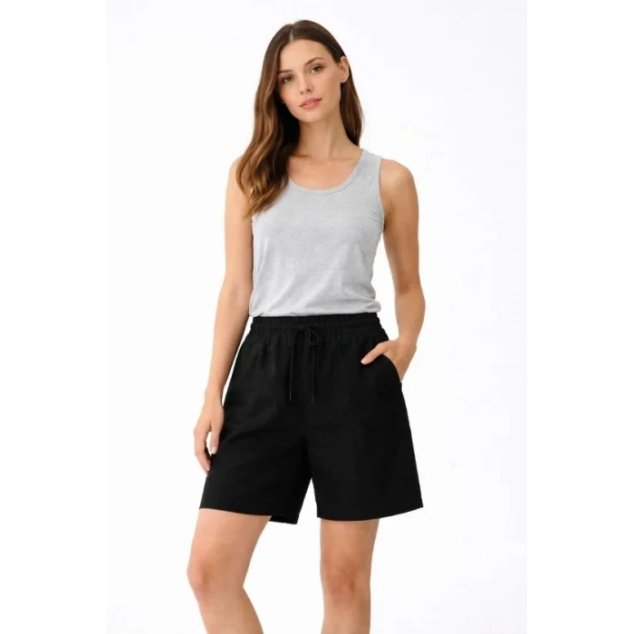 Keten Kumaş Cepli Rahat Kesim Bel Lastikli Şort - Siyah