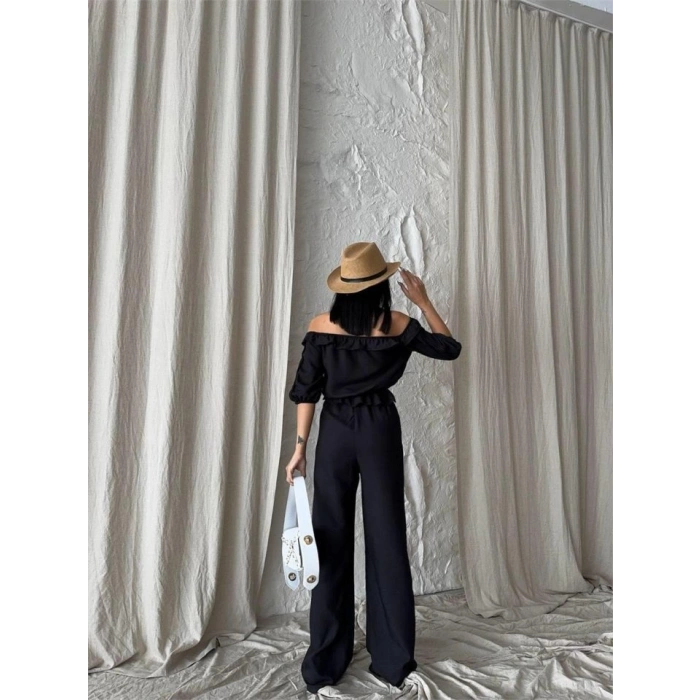 KETEN MADONNA YAKA KOL HASIR ŞERİT - PANTOLON TAKIM - Siyah
