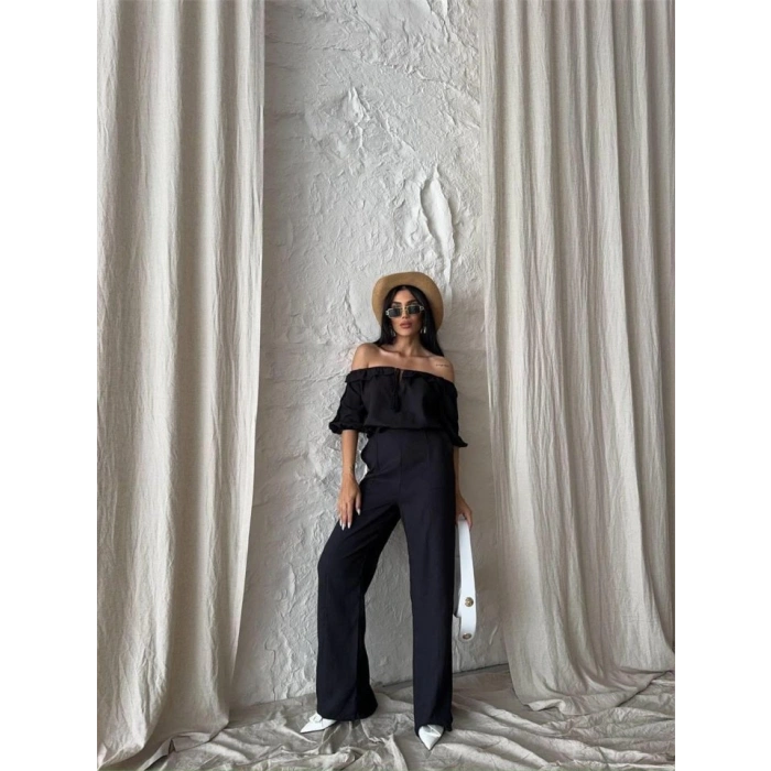 KETEN MADONNA YAKA KOL HASIR ŞERİT - PANTOLON TAKIM - Siyah