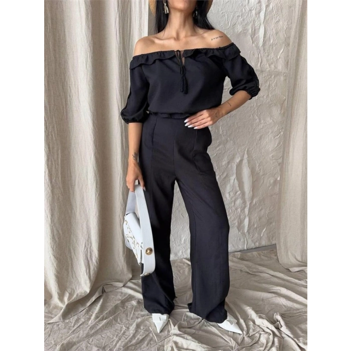 KETEN MADONNA YAKA KOL HASIR ŞERİT - PANTOLON TAKIM - Siyah
