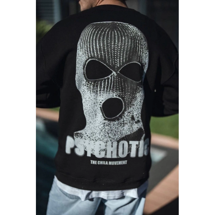 Kışlık Bisiklet Yaka Baskılı SweatShirt - Siyah