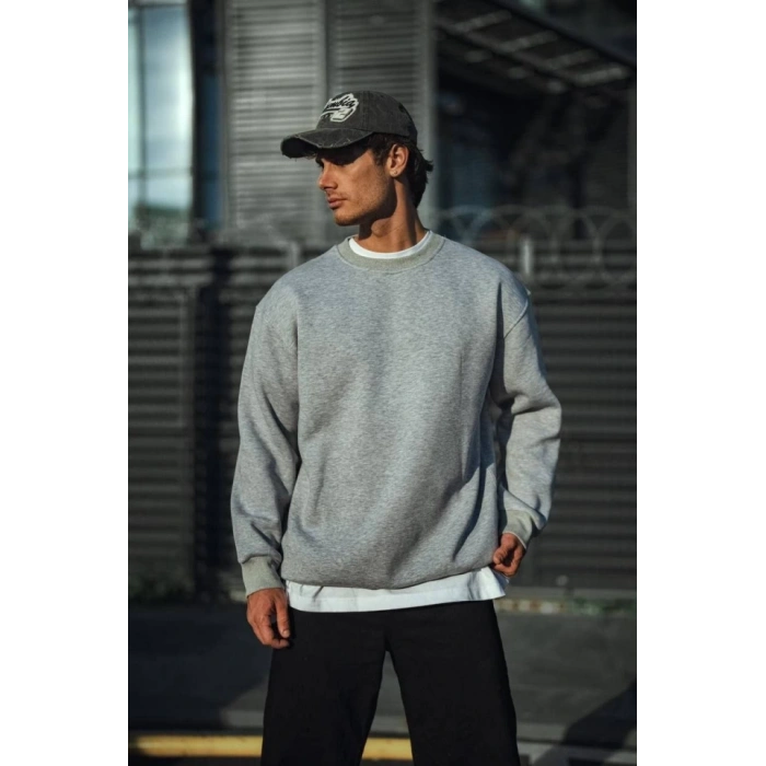 Kışlık Bisiklet Yaka Üç İplik Basic SweatShirt - Gri