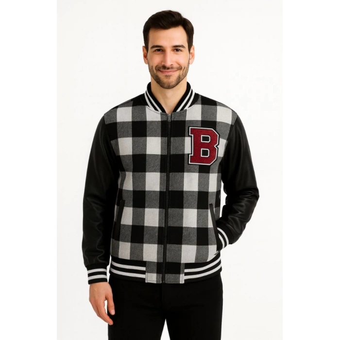 Kolları Suni Deri Içi Astarlı Oduncu Kolej Içi Ceket - Gri