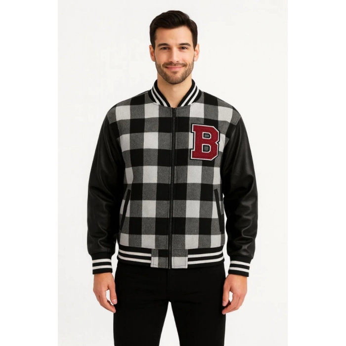 Kolları Suni Deri Içi Astarlı Oduncu Kolej Içi Ceket - Gri