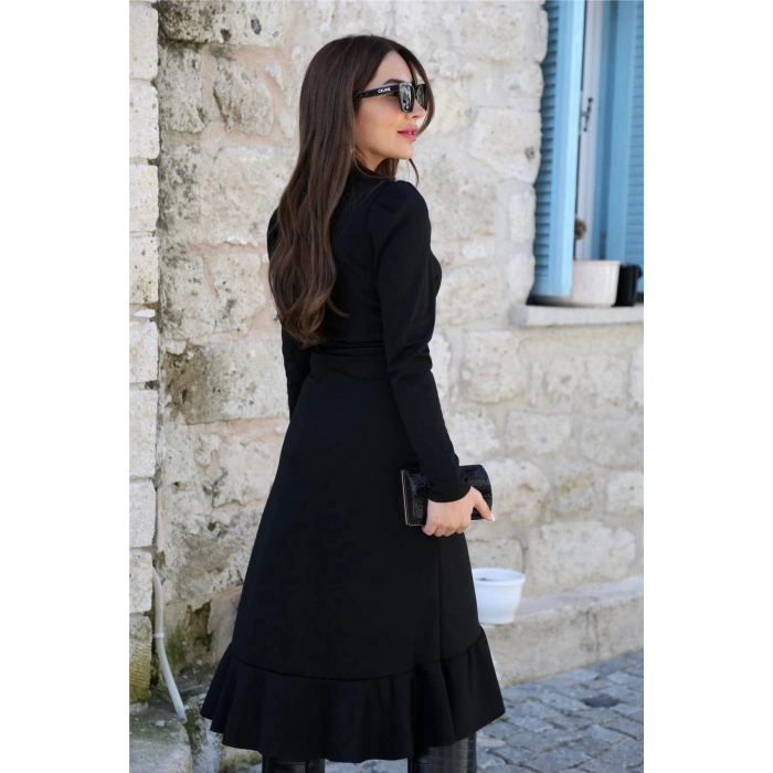 Krep Kumaş Midi Boy Kuşaklı Uzunkol Elbise 113 Cm