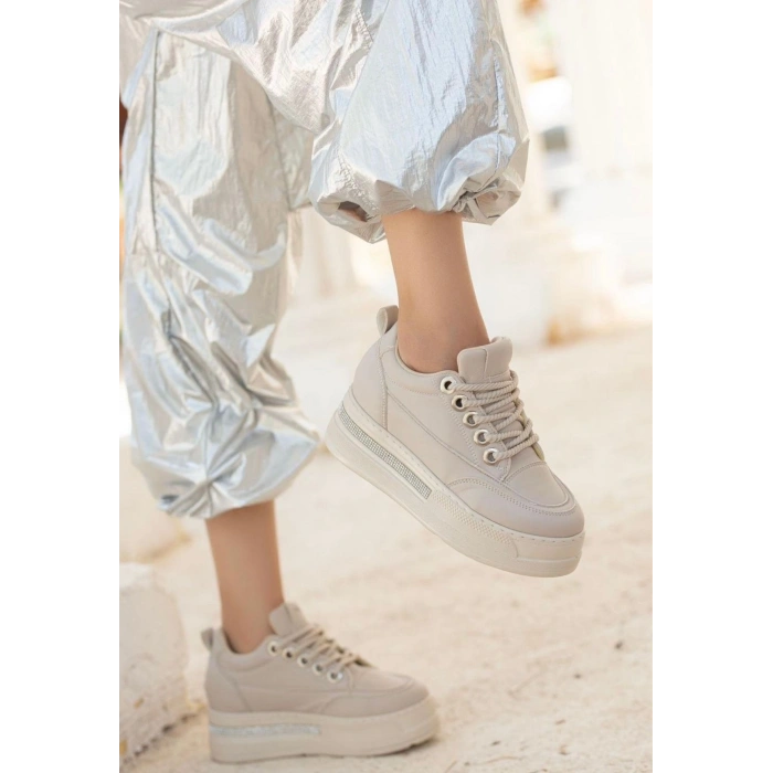 Lulu Bej Cilt Bağcıklı Spor Ayakkabı