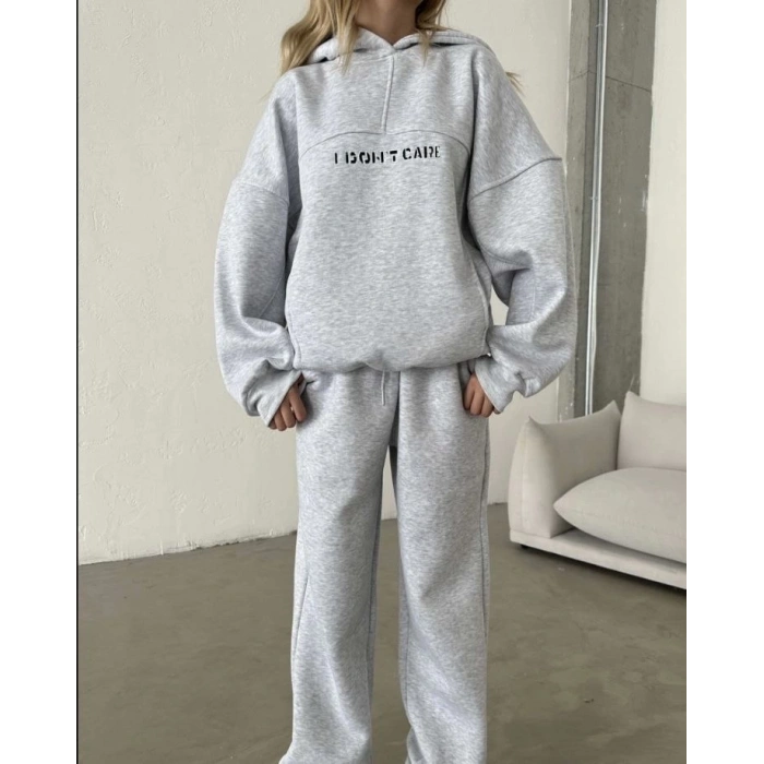 Nakış İşlemeli Üç İplik Sweat Takım- Gri