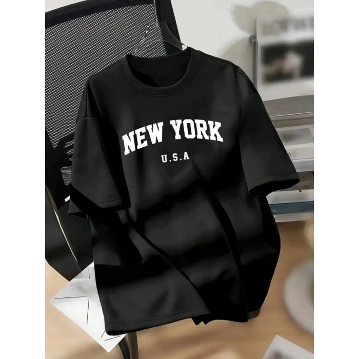 New York Baskılı Oversize Bisiklet Yaka T-shirt - Siyah