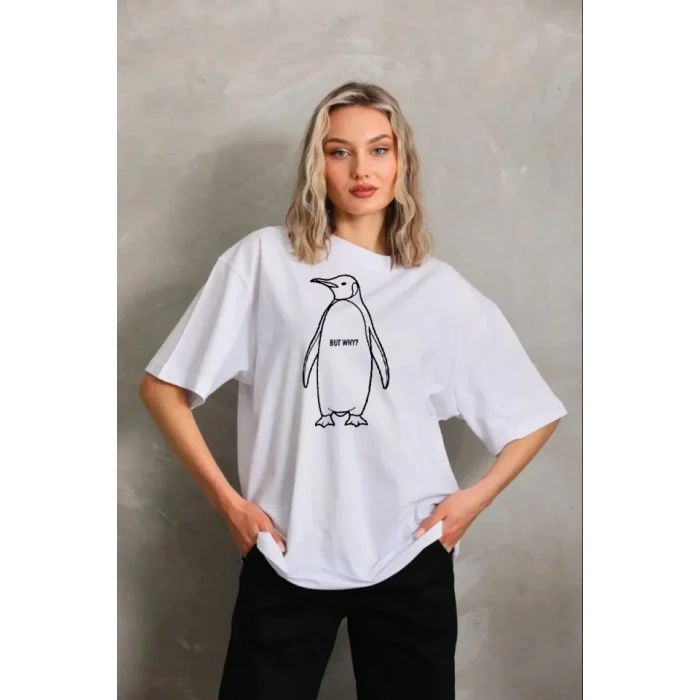 Nihilist Penguen Özel Tasarım Oversize Bisiklet Yaka Tişört - Beyaz