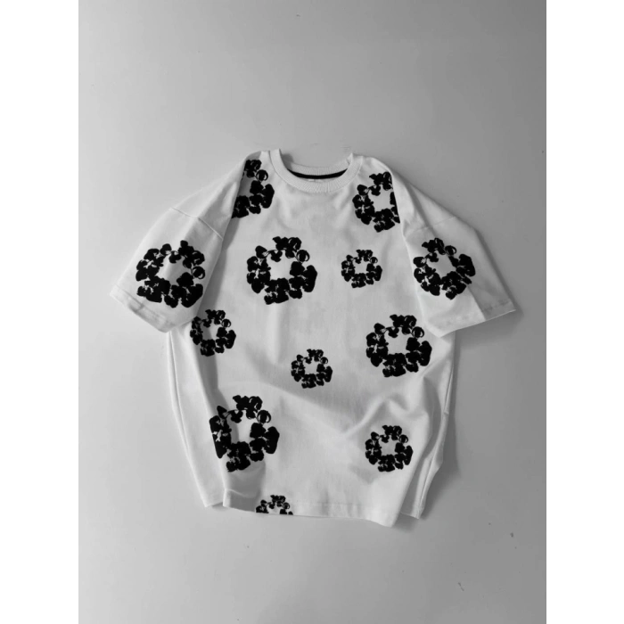 Ön Ve Arka Baskılı Oversize Bisiklet Yaka T-shirt- Beyaz