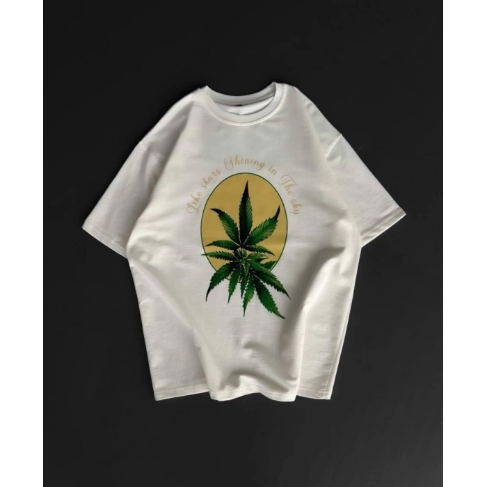 Ön Ve Arka Baskılı Oversize Bisiklet Yaka T-shirt- Beyaz