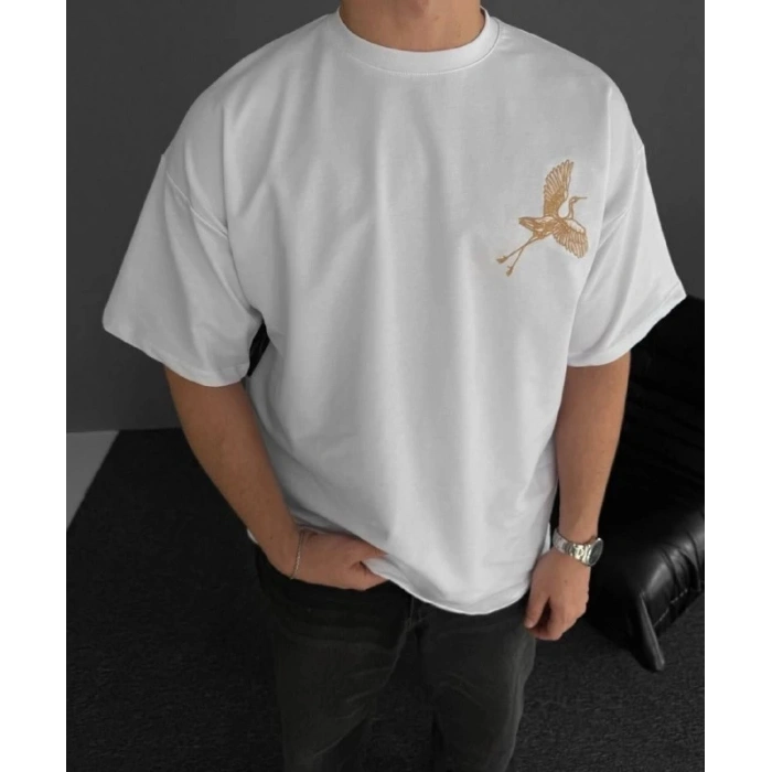 Ön Ve Arka Baskılı Oversize Bisiklet Yaka T-shirt - Beyaz