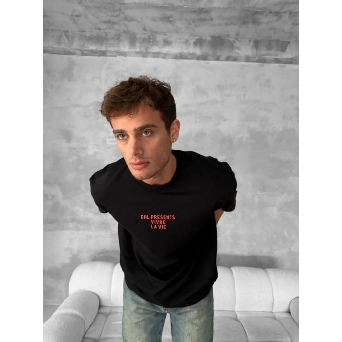 Ön Ve Arka Baskılı Oversize Bisiklet Yaka T-shirt- Siyah