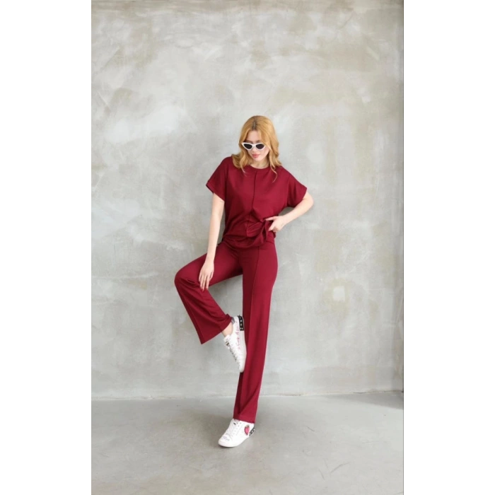 Osy Modal Yumuşak Dokulu Kumaş Bisiklet Yaka Kısa Kollu Takım - Bordo