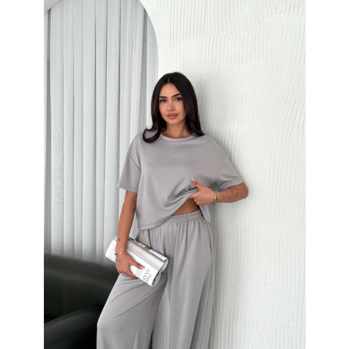 Osy Modal Yumuşak Dokulu Kumaş Bisiklet Yaka T-shirt  Bol Paça Pantalon Ikili Takım - Boyalı Gri