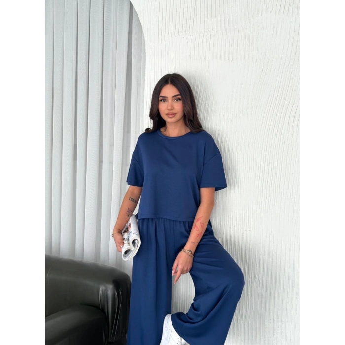 Osy Modal Yumuşak Dokulu Kumaş Bisiklet Yaka T-shirt Bol Paça Pantalon Ikili Takım -Saks Mavi