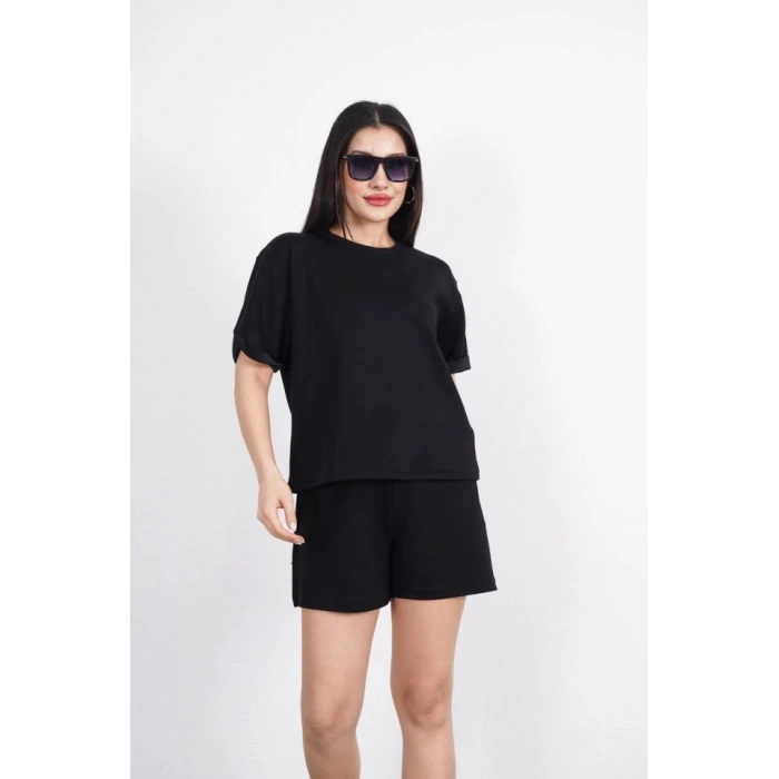 Osy Modal Yumuşak Dokulu Kumaş Bisiklet Yaka T-shirt Kısa Şort İkili Takım - Siyah