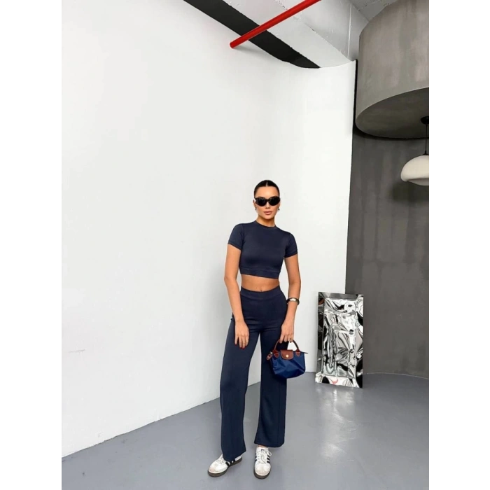 Osy Modal Yumuşak Dokulu Kumaş Kısa Kollu Crop Alt Ispanyol Paça Pantalon Ikili Takım - Füme