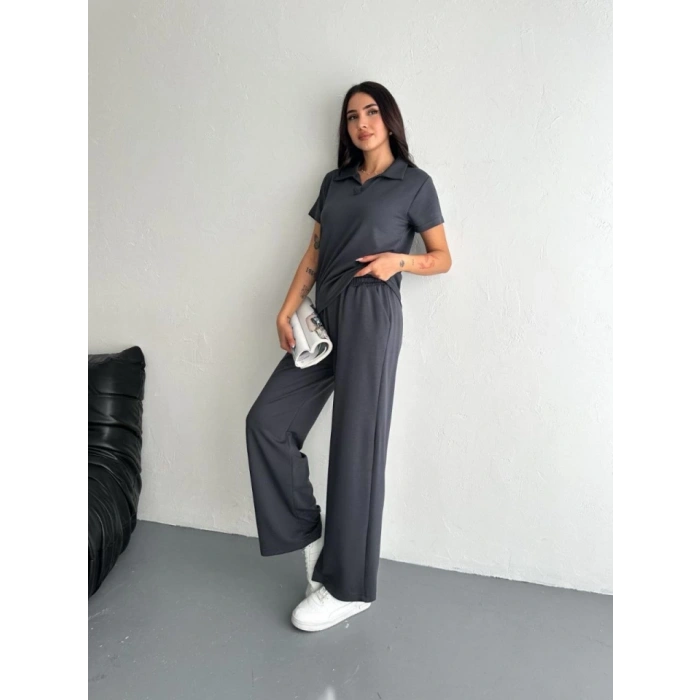 Osy Modal Yumuşak Dokulu Kumaş Kısa Kollu Yakalı T-shirt Pantalon Ikili Takım- Antrasit