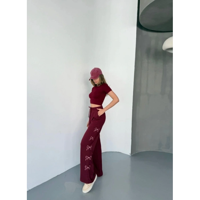 Osy Modal Yumuşak Dokulu Kumaş Nakış Işlemeli Rahat Bol Paça Eşofman Pantalon - Bordo
