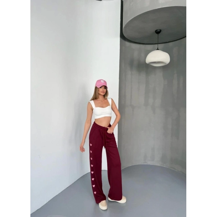 Osy Modal Yumuşak Dokulu Kumaş Nakış Işlemeli Rahat Bol Paça Eşofman Pantalon - Bordo