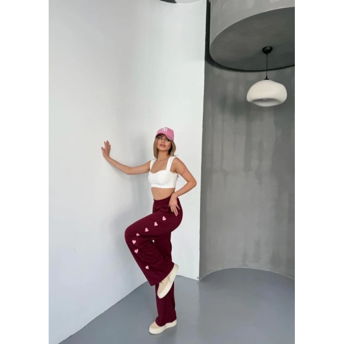 Osy Modal Yumuşak Dokulu Kumaş Nakış Işlemeli Rahat Bol Paça Eşofman Pantalon - Bordo