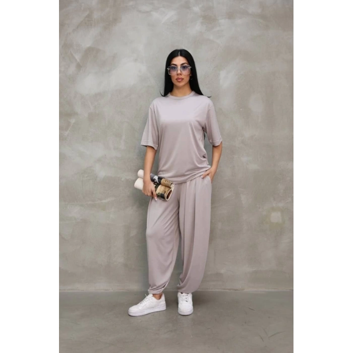 Osy Modal Yumuşak Dokulu Kumaş Oversize Bisiklet Yaka T-shirt Jogger Eşofman Altı Eşofman Takımı - Gri