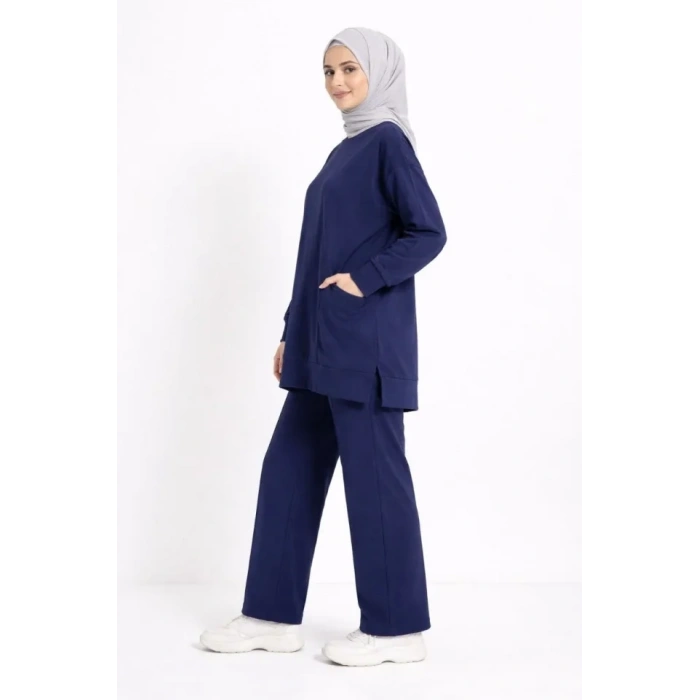 Osy Modal Yumuşak Dokulu Kumaş Tesettür Cepli Tunik Pantolon Takım - Lacivert