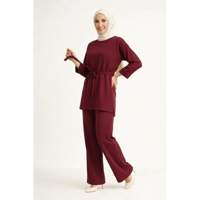 Osy Modal Yumuşak Dokulu Kuşaklı Tesettür Takım Salaş Kalıp 4/3 Kol Katlanmış Kol İkili Takım - Bordo
