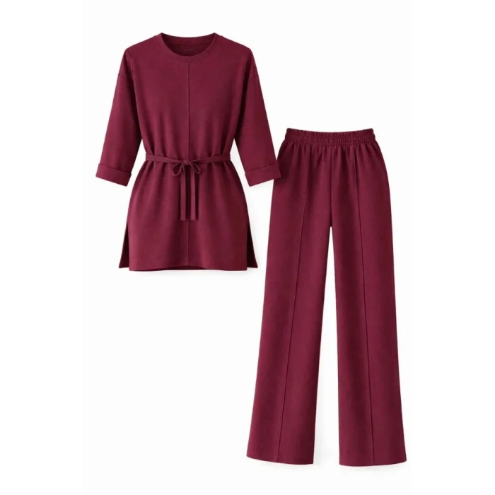 Osy Modal Yumuşak Dokulu Kuşaklı Tesettür Takım Salaş Kalıp 4/3 Kol Katlanmış Kol İkili Takım - Bordo