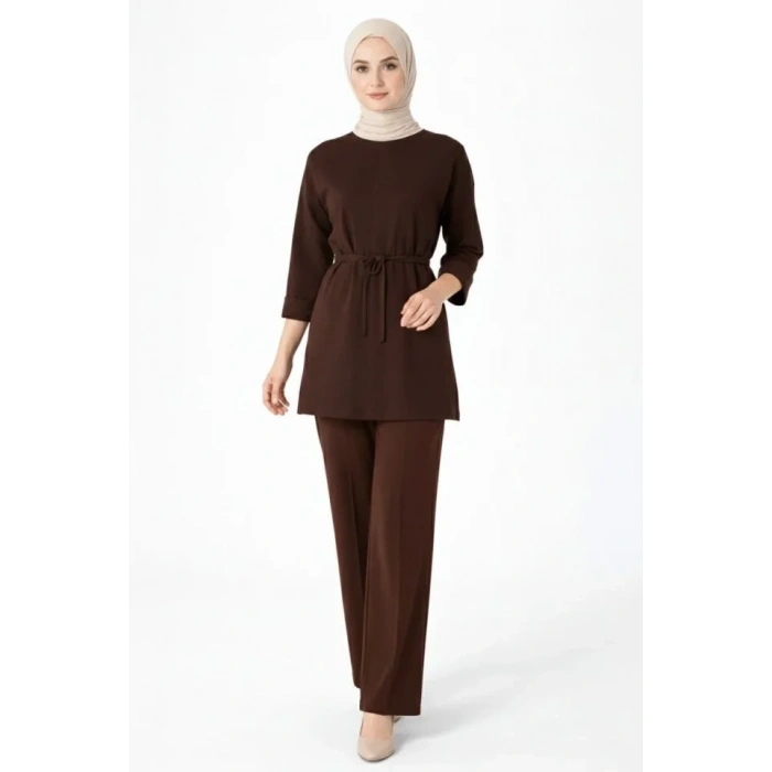 Osy Modal Yumuşak Dokulu Kuşaklı Tesettür Takım Salaş Kalıp 4/3 Kol Katlanmış Kol İkili Takım - Kahverengi