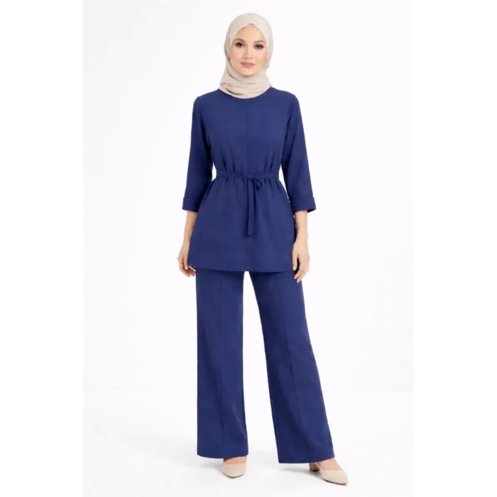 Osy Modal Yumuşak Dokulu Kuşaklı Tesettür Takım Salaş Kalıp 4/3 Kol Katlanmış Kol İkili Takım - Lacivert