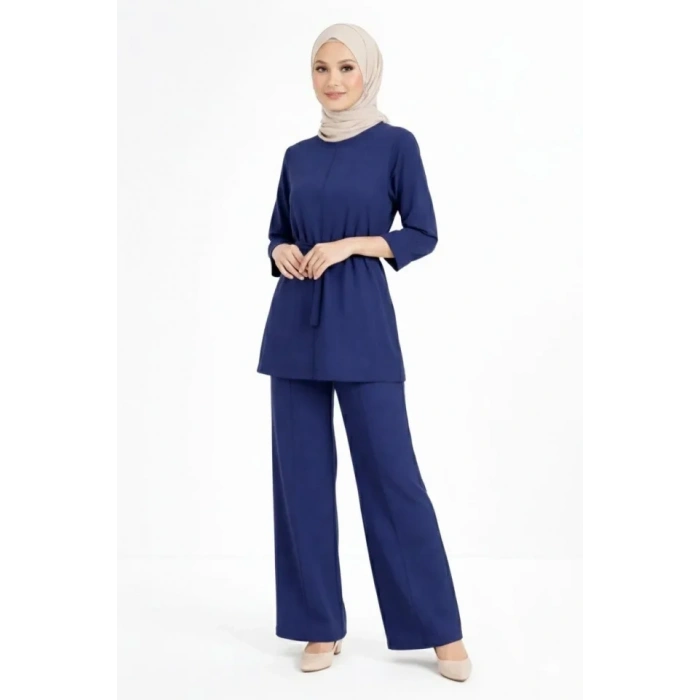 Osy Modal Yumuşak Dokulu Kuşaklı Tesettür Takım Salaş Kalıp 4/3 Kol Katlanmış Kol İkili Takım - Lacivert