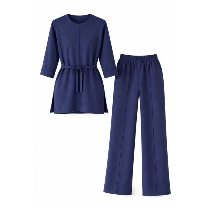 Osy Modal Yumuşak Dokulu Kuşaklı Tesettür Takım Salaş Kalıp 4/3 Kol Katlanmış Kol İkili Takım - Lacivert