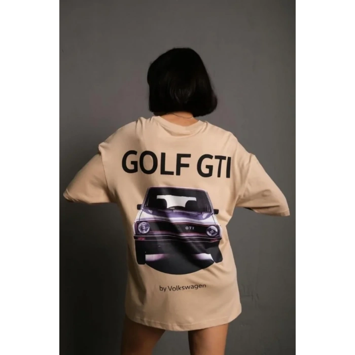 Oversize Baskılı Tişört – Golf GTI Retro Araba Desenli, Ön - Arka Dijital Baskı, Sokak Modası Stil - Bej