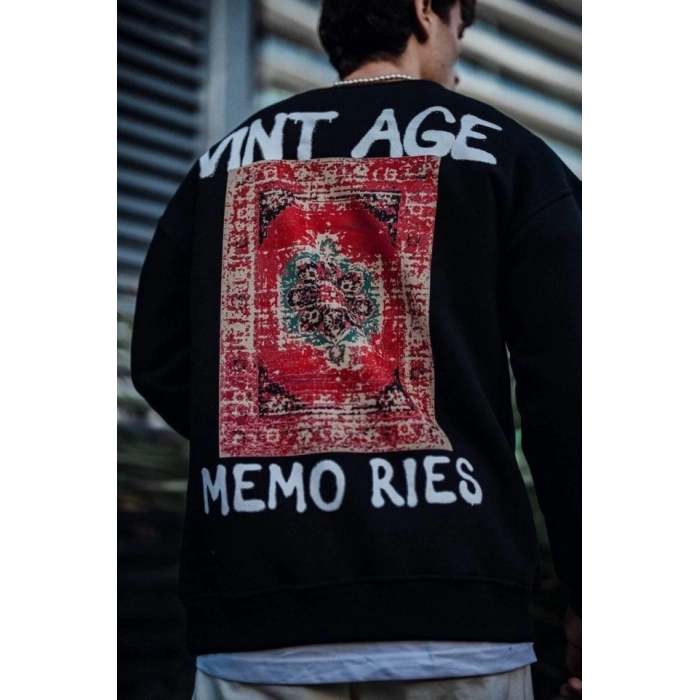 Oversize Bisiklet Yaka Üç İplik Baskılı SweatShirt - Siyah