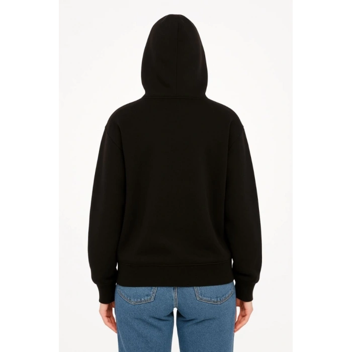 Oversize Kapüşonlu Sweatshirt  Hoodie 3 İplik Şardonlu Pamuklu Kumaş, Önü Baskılı, Fermuarlı Rahat Kalıp, Kışlık Ve Sokak Stili Sweat - Siyah