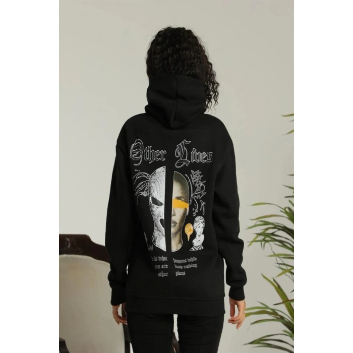 Oversize Üç İplik Kapüşonlu Sweatshirt – Siyah “Other Lives” Ön Ve Arka Baskılı, Şardonlu Kışlık, Rahat Günlük Model Siiyah