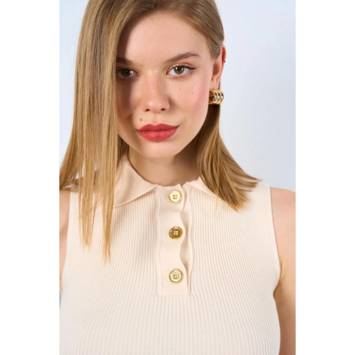 Patlı Düğmeli Triko Atlet - Siyah