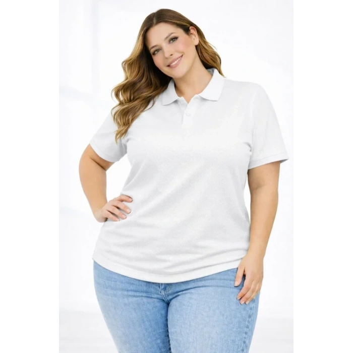 Pike Kumaş Düğmeli Yaka Battal Büyük Beden Günlük Kısa Kol Tişört T-shirt - Beyaz