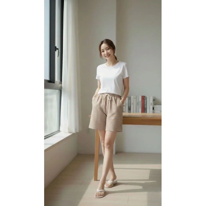 Pötikareli Şort – Beli Lastikli Bağcıklı, Cepli, Rahat Kesim Günlük Yazlık Şort - Bej